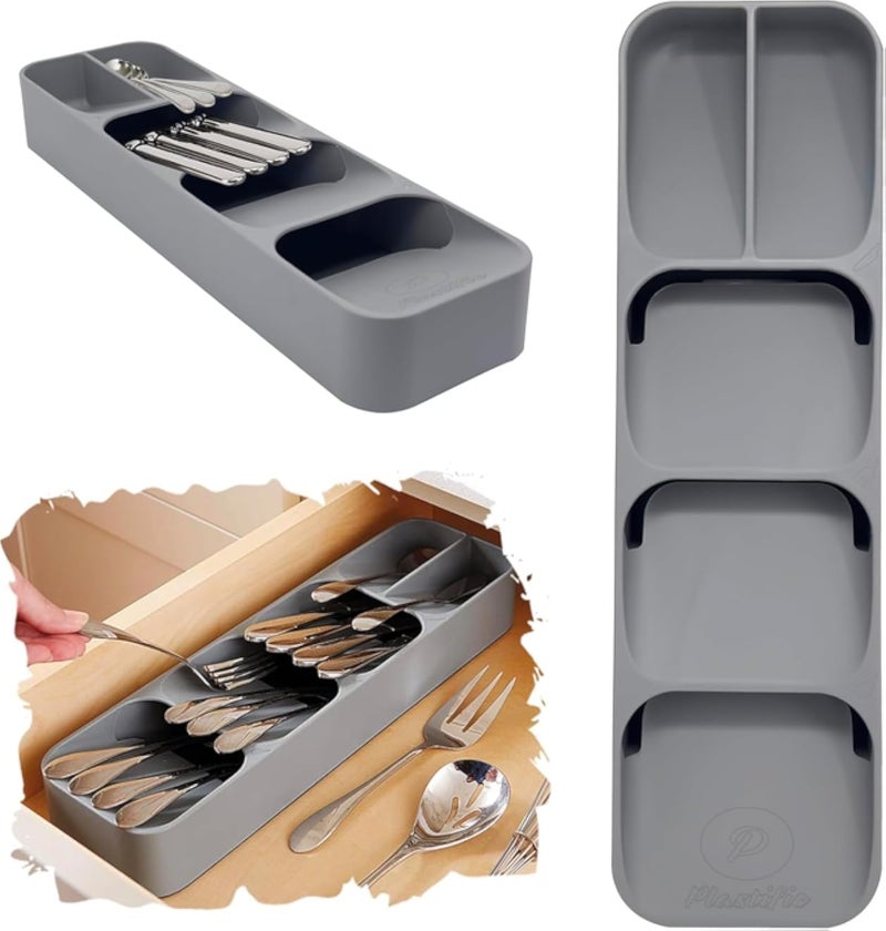 Large Kitchen Cutlery Organiser Tray, 39.5 x 11.5 x 5.5 cm, Grey Plastic Drawer Insert, Deep Flatware Holder